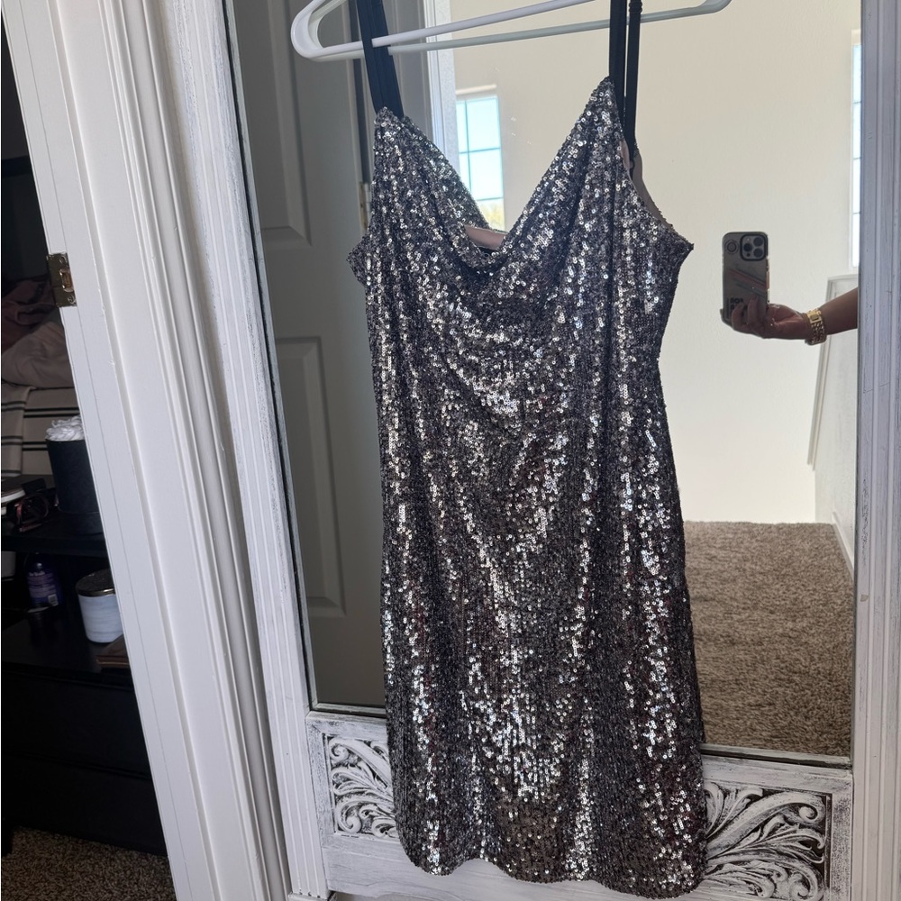 Bebe Silver Sequin Backless Dress - image 1